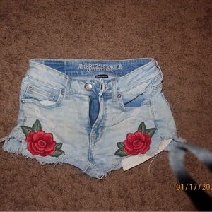 American Eagle Outfitters Light Blue Jean Shorts with Red Floral Design